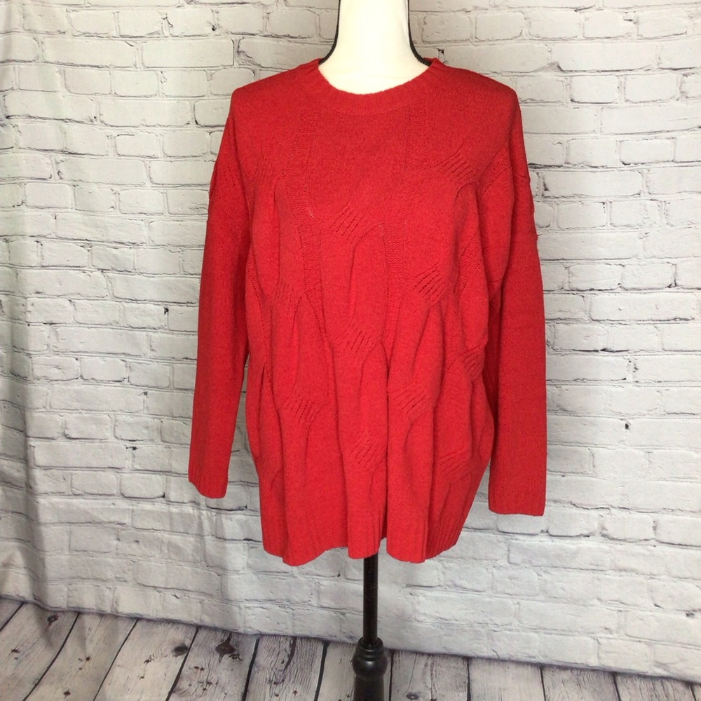 J Jill Red Chenille Cable Knit Crewneck Oversized Sweater Large
